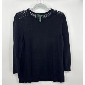 Lauren Ralph Lauren‎ Womens Black Lace Inset Ribbed Trim 3/4 Sleeve Sweater XL